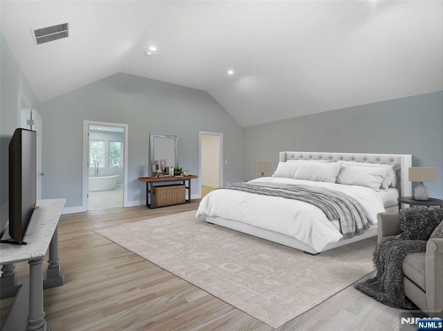 345 Creek Bed Rd, Mountainside, NJ 07092 - bedroom with vaulted ceiling, light wood finished floors, recessed lighting, and connected bathroom