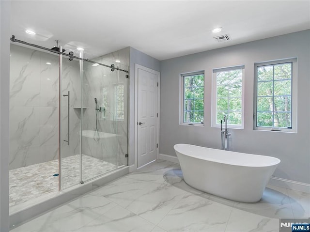 345 Creek Bed Rd, Mountainside, NJ 07092 - full bathroom with marble finish flooring, a marble finish shower, a soaking tub, and recessed lighting