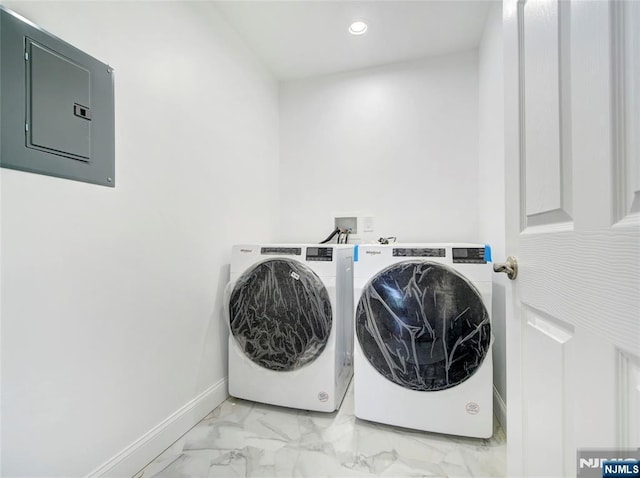 345 Creek Bed Rd, Mountainside, NJ 07092 - laundry room with electric panel, washing machine and clothes dryer, light marble finish floors, and recessed lighting