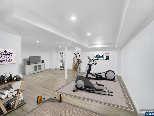 345 Creek Bed Rd, Mountainside, NJ 07092 - exercise room featuring wood finished floors and recessed lighting