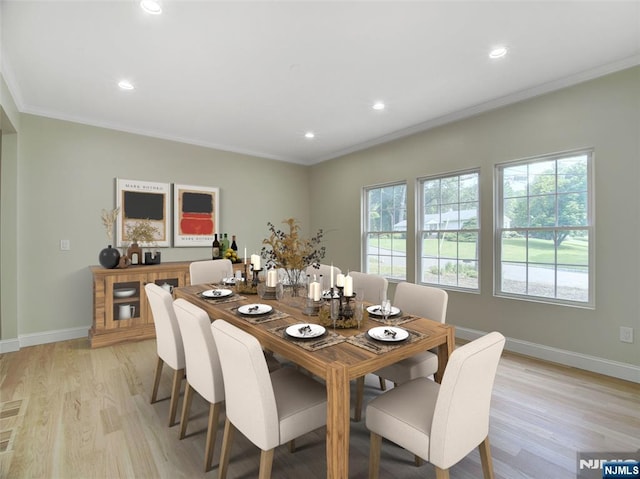 345 Creek Bed Rd, Mountainside, NJ 07092 - dining area featuring plenty of natural light, light wood-type flooring, crown molding, and recessed lighting