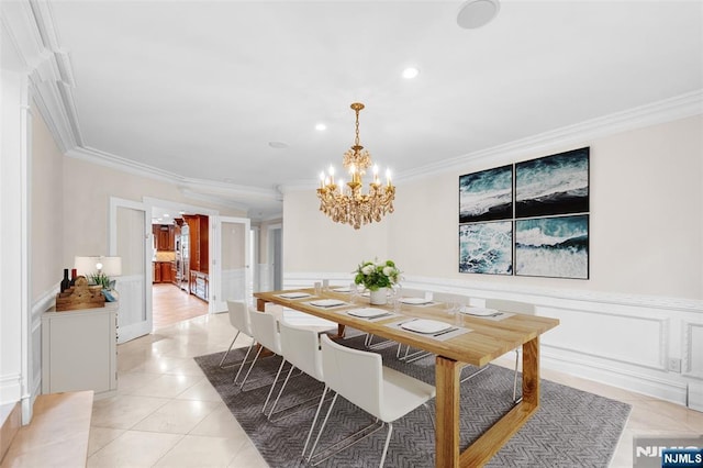 82 Jackson Dr, Cresskill, NJ 07626 - dining room with a chandelier, crown molding, a decorative wall, recessed lighting, and a wainscoted wall
