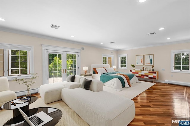 82 Jackson Dr, Cresskill, NJ 07626 - bedroom featuring a baseboard radiator, wood finished floors, recessed lighting, access to exterior, and ornamental molding