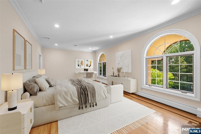 82 Jackson Dr, Cresskill, NJ 07626 - bedroom with crown molding, a baseboard radiator, wood finished floors, and recessed lighting