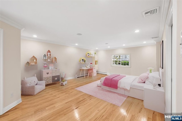 82 Jackson Dr, Cresskill, NJ 07626 - bedroom featuring ornamental molding, light wood finished floors, recessed lighting, and a baseboard radiator
