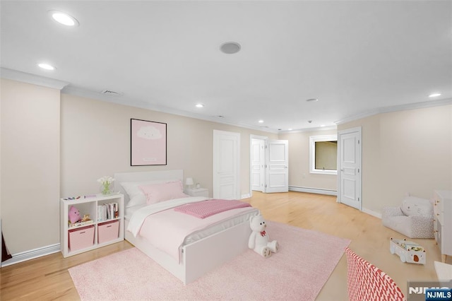 82 Jackson Dr, Cresskill, NJ 07626 - bedroom featuring crown molding, baseboard heating, recessed lighting, and light wood-type flooring