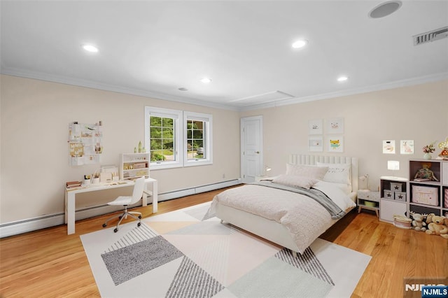 82 Jackson Dr, Cresskill, NJ 07626 - bedroom featuring attic access, ornamental molding, light wood-style floors, recessed lighting, and a baseboard radiator