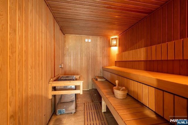 82 Jackson Dr, Cresskill, NJ 07626 - relaxing sauna / steam room featuring wood walls, tile patterned floors, and wood ceiling