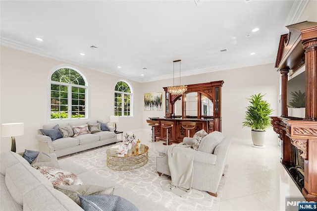 82 Jackson Dr, Cresskill, NJ 07626 - living room featuring recessed lighting, crown molding, and light tile patterned flooring