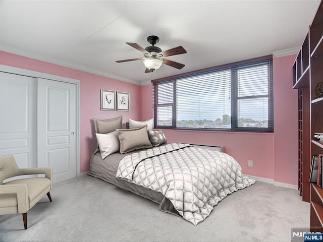 250 Gorge Rd Unit 16D, Cliffside Park, NJ 07010 - bedroom with carpet, crown molding, a closet, and ceiling fan