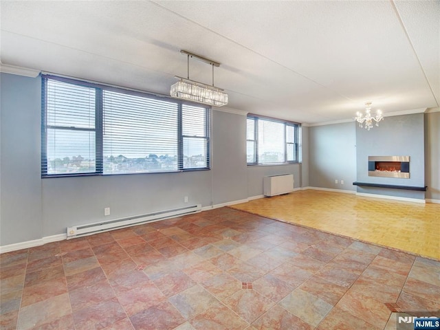 250 Gorge Rd Unit 16D, Cliffside Park, NJ 07010 - spare room with a baseboard radiator, crown molding, stone finish flooring, a chandelier, and radiator heating unit