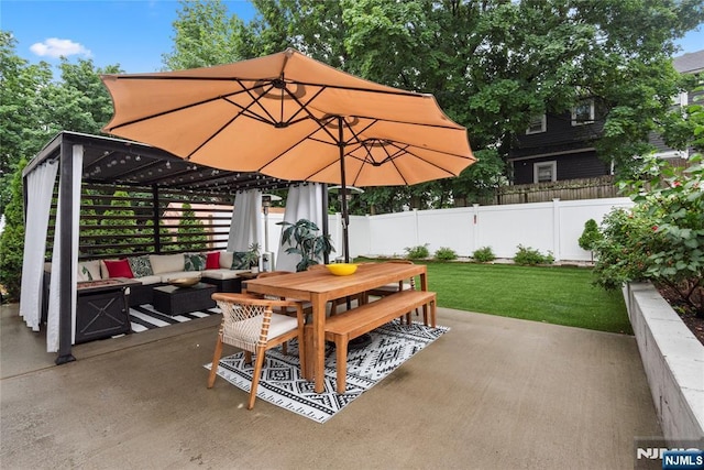 19 Mckinley Ave, West Orange, NJ 07052 - view of patio with an outdoor hangout area, outdoor dining space, and a gazebo