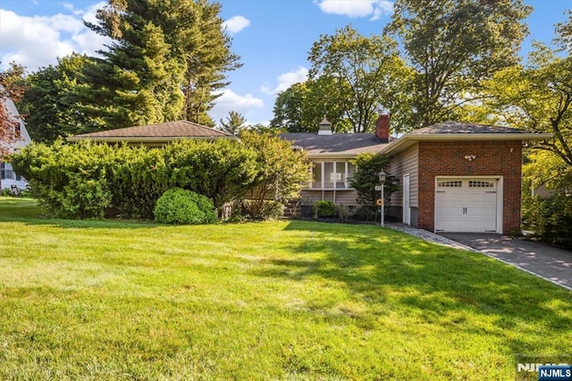 93 Nottingham Rd, Ramsey, NJ 07446 - view of front of home featuring brick siding, a front lawn, a garage, and a chimney