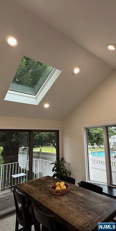 45 Highland Ave, Emerson, NJ 07630 - dining room featuring recessed lighting, lofted ceiling, and light wood finished floors