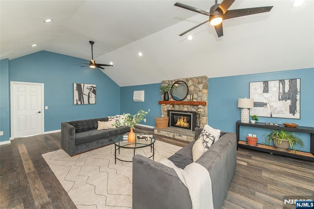 40 Lake Dr, Wayne, NJ 07470 - living area featuring ceiling fan, wood finished floors, vaulted ceiling, a fireplace, and recessed lighting