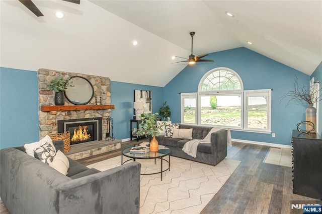 40 Lake Dr, Wayne, NJ 07470 - living area featuring a ceiling fan, lofted ceiling, wood finished floors, a fireplace, and recessed lighting