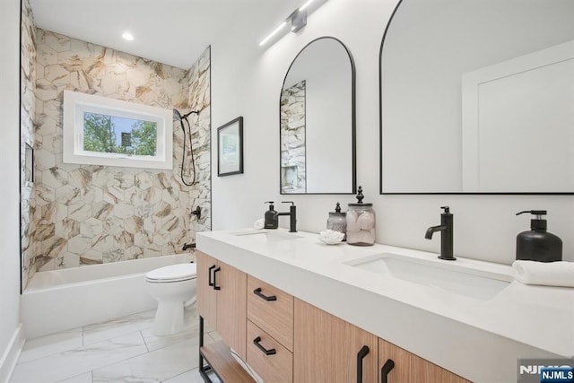 44 N Ashby Ave, Livingston, NJ 07039 - bathroom featuring double vanity, shower / bath combination, marble finish flooring, and recessed lighting