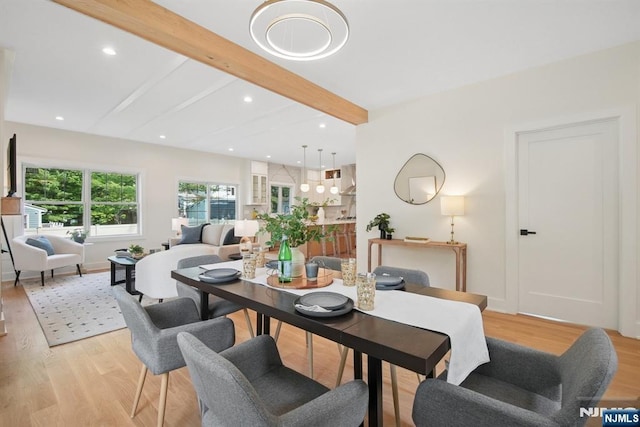 44 N Ashby Ave, Livingston, NJ 07039 - dining room featuring light wood finished floors, beam ceiling, and recessed lighting