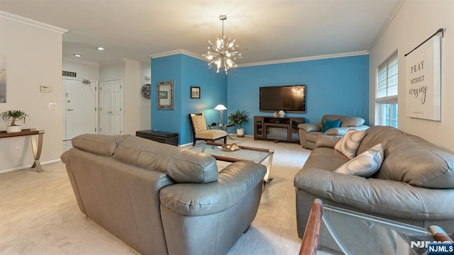 2 Richmond Rd Unit 306, West Milford, NJ 07480 - living area featuring light colored carpet, a chandelier, crown molding, and recessed lighting