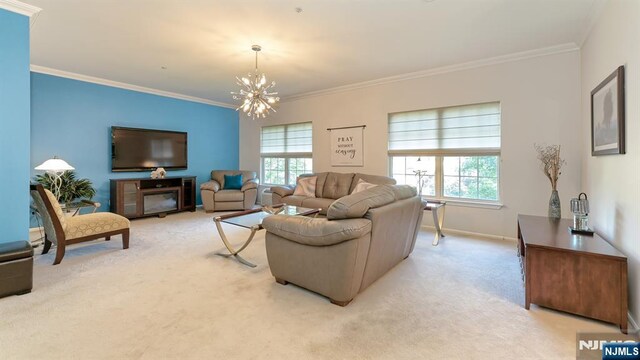2 Richmond Rd Unit 306, West Milford, NJ 07480 - living area featuring carpet flooring, a chandelier, and crown molding