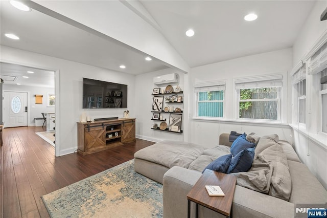 18 Lee Ave, Jefferson Township, NJ 07849 - living room featuring an AC wall unit, dark wood-type flooring, recessed lighting, and lofted ceiling