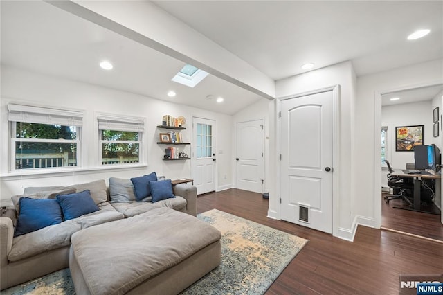 18 Lee Ave, Jefferson Township, NJ 07849 - living room featuring a skylight, vaulted ceiling, dark wood-style flooring, an office area, and recessed lighting