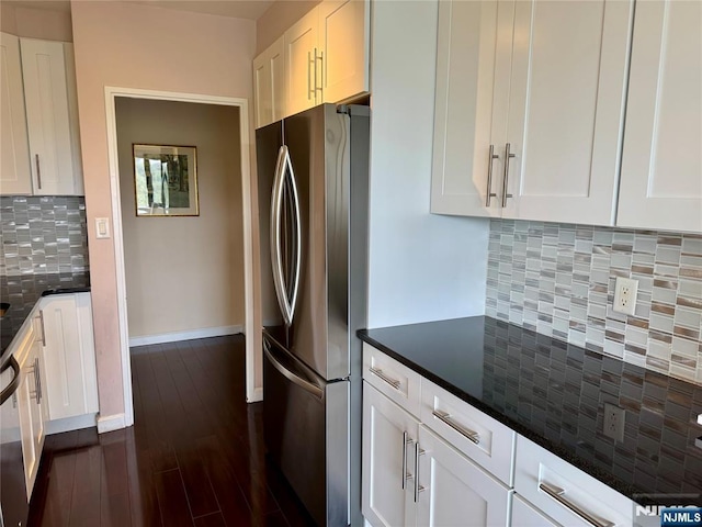 6 Horizon Rd Unit 604, Fort Lee, NJ 07024 - kitchen featuring freestanding refrigerator, decorative backsplash, white cabinets, and dark wood finished floors