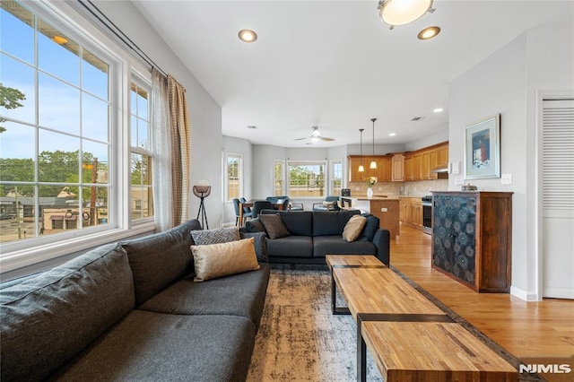 87 Centre St Unit 2, Nutley, NJ 07110 - living room with light wood-style floors, a ceiling fan, and recessed lighting