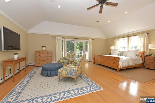 581 Eder Ave, Wyckoff, NJ 07481 - bedroom with access to outside, lofted ceiling, wood finished floors, recessed lighting, and crown molding
