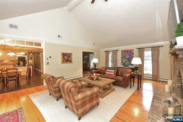 581 Eder Ave, Wyckoff, NJ 07481 - living room with high vaulted ceiling, light wood-style floors, a brick fireplace, beamed ceiling, and baseboard heating