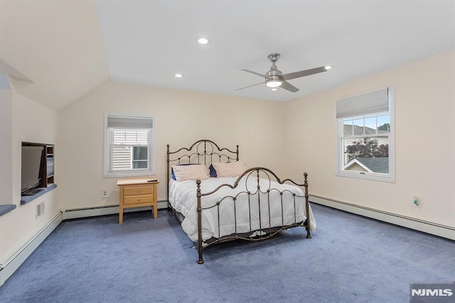 59 Parkview Ave, Elmwood Park, NJ 07407 - bedroom featuring carpet, a baseboard heating unit, recessed lighting, lofted ceiling, and a ceiling fan