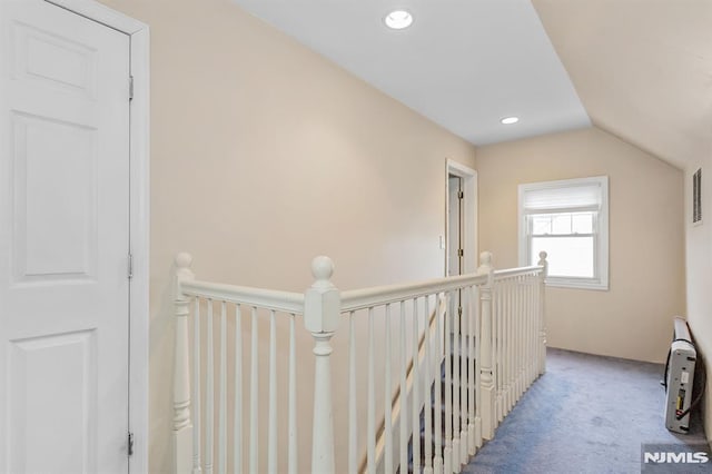 59 Parkview Ave, Elmwood Park, NJ 07407 - corridor featuring an upstairs landing, carpet flooring, lofted ceiling, and recessed lighting