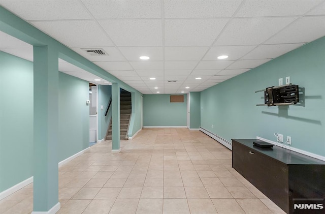 59 Parkview Ave, Elmwood Park, NJ 07407 - finished basement featuring baseboard heating, stairway, a drop ceiling, recessed lighting, and tile patterned flooring