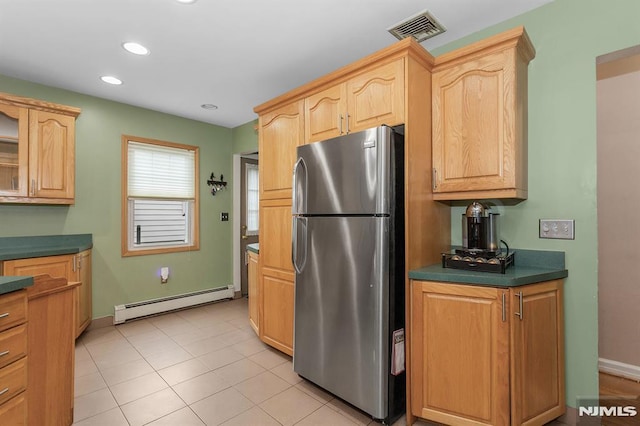 59 Parkview Ave, Elmwood Park, NJ 07407 - kitchen with freestanding refrigerator, a baseboard radiator, light brown cabinets, recessed lighting, and glass insert cabinets