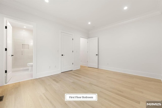 22 Northwood Ave, Demarest, NJ 07627 - unfurnished bedroom featuring light wood-style floors, ornamental molding, recessed lighting, and ensuite bathroom