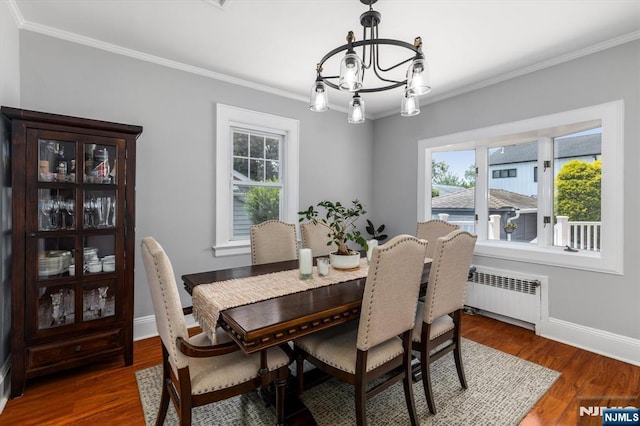 188 Wheaton Pl, Rutherford, NJ 07070 - dining room with radiator heating unit, crown molding, a chandelier, plenty of natural light, and dark wood finished floors