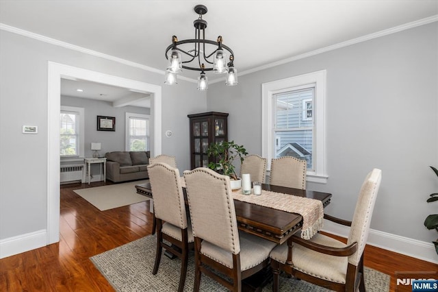 188 Wheaton Pl, Rutherford, NJ 07070 - dining room with radiator heating unit, dark wood-style floors, a chandelier, and ornamental molding