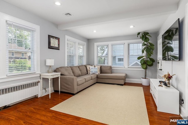188 Wheaton Pl, Rutherford, NJ 07070 - living room with radiator heating unit, beamed ceiling, dark wood-style flooring, and recessed lighting