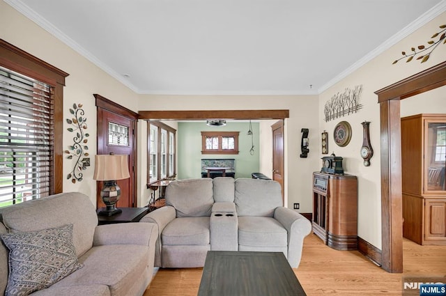 74 Bartholdi Ave, Butler Borough, NJ 07405 - living room featuring a fireplace, light wood-style floors, and ornamental molding
