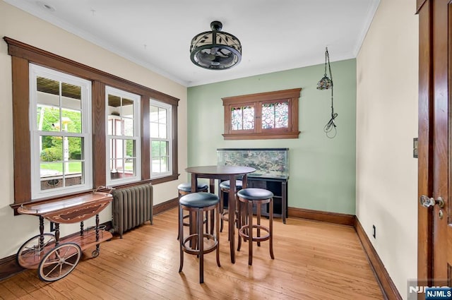74 Bartholdi Ave, Butler Borough, NJ 07405 - dining room with radiator heating unit, light wood-style floors, and crown molding