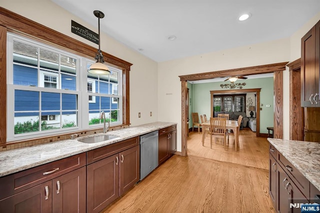 74 Bartholdi Ave, Butler Borough, NJ 07405 - kitchen featuring stainless steel dishwasher, light wood finished floors, healthy amount of natural light, pendant lighting, and recessed lighting