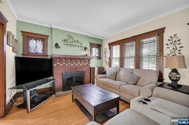74 Bartholdi Ave, Butler Borough, NJ 07405 - living room featuring ornamental molding, a brick fireplace, light wood-style flooring, and radiator