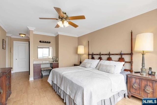1600 Parker Ave Unit 1G, Fort Lee, NJ 07024 - bedroom featuring light wood-style floors, crown molding, and ceiling fan