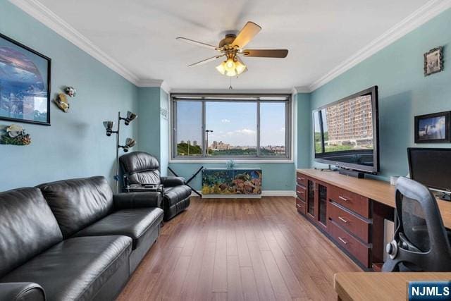 1600 Parker Ave Unit 1G, Fort Lee, NJ 07024 - living room featuring a desk, ceiling fan, crown molding, and hardwood / wood-style flooring