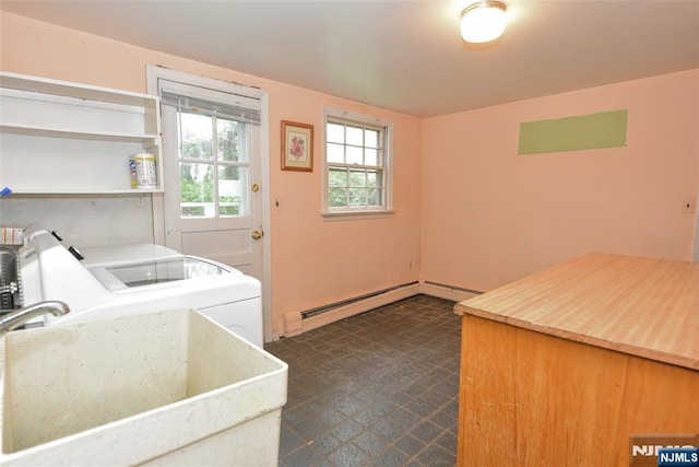 50 Grove St, Waldwick, NJ 07463 - laundry room with washer and dryer, a baseboard heating unit, and dark floors