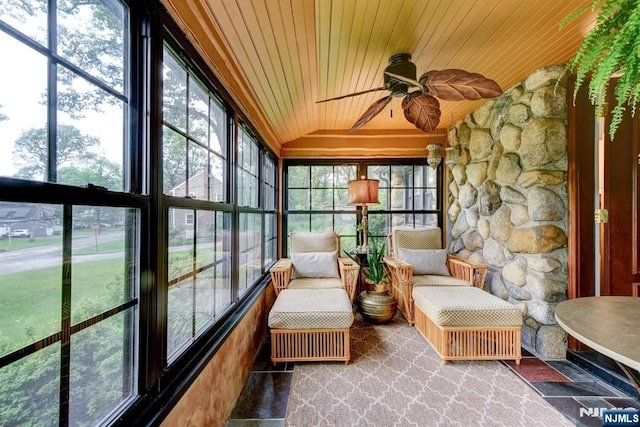 99 Chestnut Dr, Wayne, NJ 07470 - sunroom with wooden ceiling, a ceiling fan, and lofted ceiling