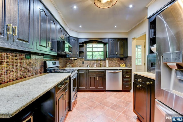99 Chestnut Dr, Wayne, NJ 07470 - kitchen featuring stainless steel appliances, open shelves, crown molding, tasteful backsplash, and light tile patterned flooring
