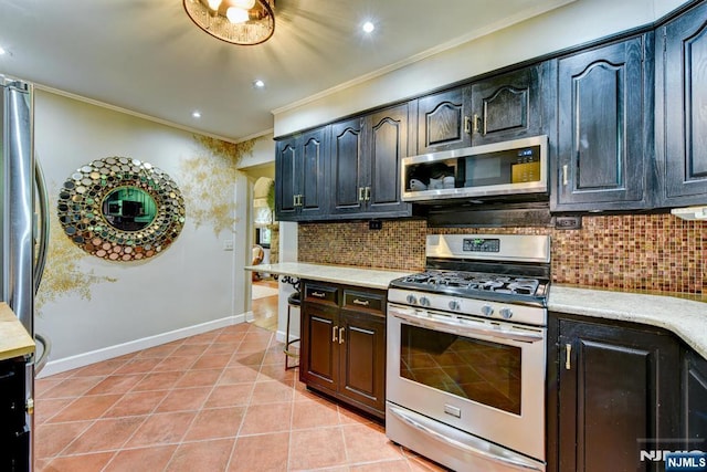 99 Chestnut Dr, Wayne, NJ 07470 - kitchen featuring appliances with stainless steel finishes, ornamental molding, light tile patterned floors, decorative backsplash, and recessed lighting