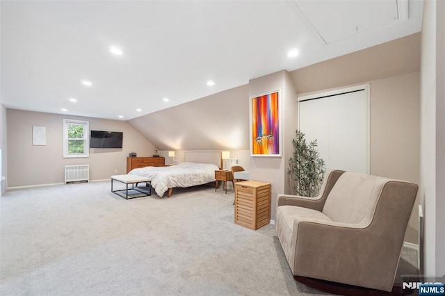 37 Golf Ct, Teaneck, NJ 07666 - bedroom featuring radiator heating unit, carpet floors, recessed lighting, lofted ceiling, and attic access