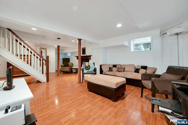 116 Sherman Ave, Teaneck, NJ 07666 - living room featuring stairway, recessed lighting, and light wood finished floors